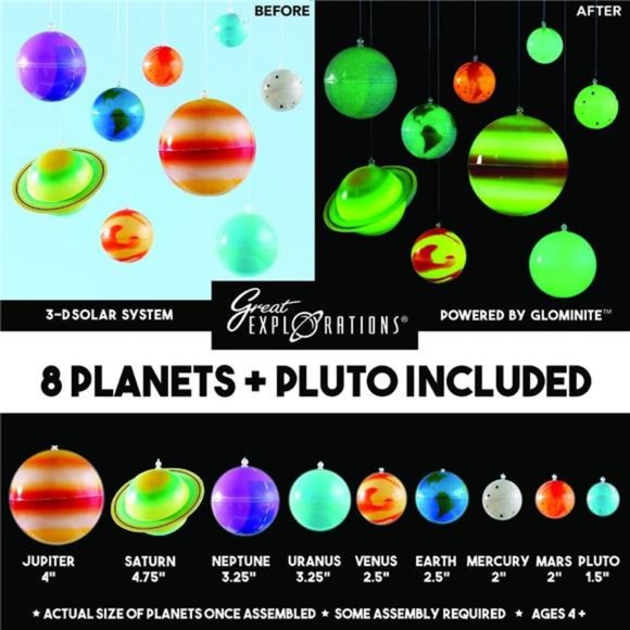 3-D Solar System Glow In The Dark Ceiling Hanging Kit 3D Planets & Star Stickers - Picture 2 of 7